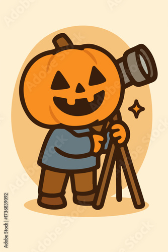 Pumpkin-Head Cameraman With Tripod — Funny Halloween Photographer Character