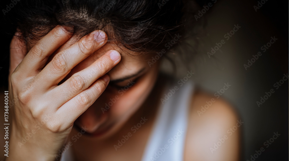 Fototapeta premium A woman is crying and her hand is on her forehead
