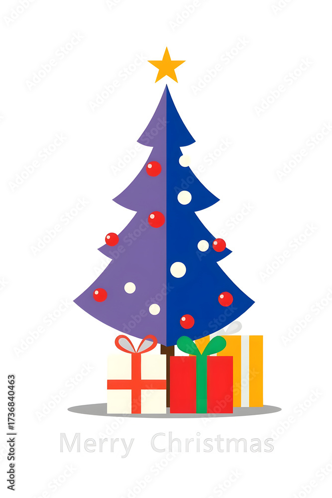 Fototapeta premium Merry Christmas Modern flat design blue split-color greeting card with tree, gifts on white background