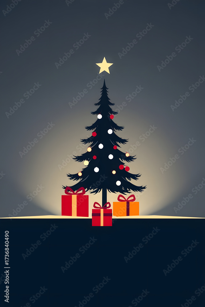 Fototapeta premium Merry Christmas Modern flat design greeting card with tree, gifts on dark background 