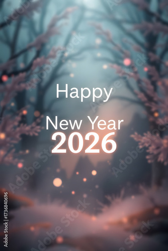Magical glowing winter night greeting Happy New Year 2026 card wallpaper background pink snow