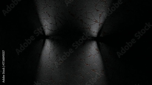 Dark, cracked metallic surface lit by two symmetric spotlights, forming a centered cross.in gloom