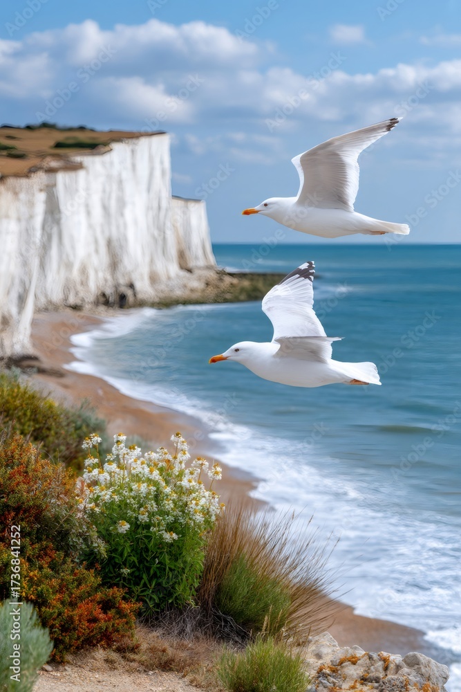 Fototapeta premium Two seagulls flying over white cliffs and sea