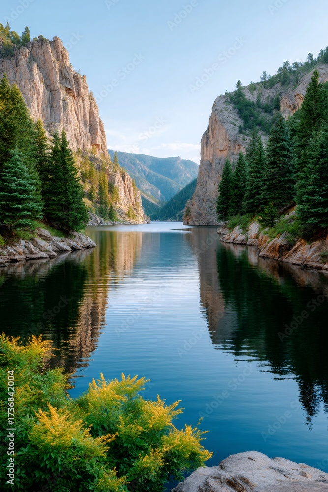 Fototapeta premium Canyon river reflecting mountains and pine trees