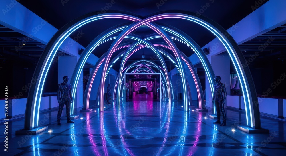 custom made wallpaper toronto digitalIlluminated arches create a futuristic pathway with neon lights and human sculptures along the way