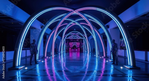 Wallpaper Mural Illuminated arches create a futuristic pathway with neon lights and human sculptures along the way Torontodigital.ca
