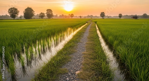 Wallpaper Mural Sunrise over paddy field, tranquil rural landscape, path between flooded rice plants offering a Torontodigital.ca