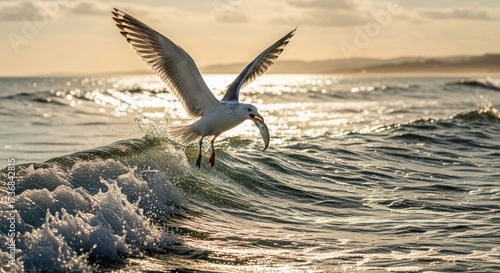 Wallpaper Mural Seagull soars above the ocean wave, clutching its silvery catch against the golden sunset Torontodigital.ca