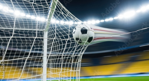 Wallpaper Mural Dynamic view of a soccer ball hitting the net in a brightly lit stadium atmosphere Torontodigital.ca