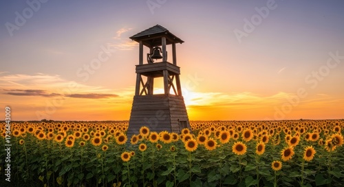 Wallpaper Mural Serene vista of sunflower field with rustic bell tower silhouetted against golden sunset radiance Torontodigital.ca