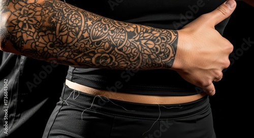 Wallpaper Mural Intricate tattoo artwork on arm against dark background emphasizes personal expression Torontodigital.ca
