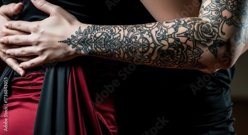 Wallpaper Mural Close embracing intimate moment of a couple with tattooed arm and dramatic lighting Torontodigital.ca