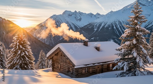 Wallpaper Mural Idyllic winter scene featuring a snow-covered cabin nestled in a mountain valley with golden Torontodigital.ca