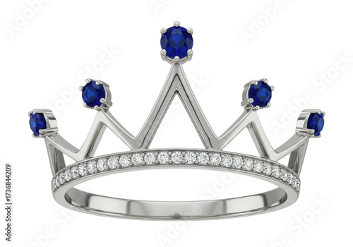 Elegant silver crown with blue and white gems isolated on transparent background PNG format image Royal jewelry