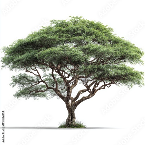 A solitary tree stands majestic, with sprawling branches laden with vibrant green foliage. Its trunk showcases a textured bark, suggesting age and resilience.
