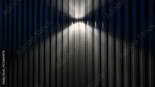 Dark vertical corrugated metal panels with a pale glow at the bottom center, industrial and moody..