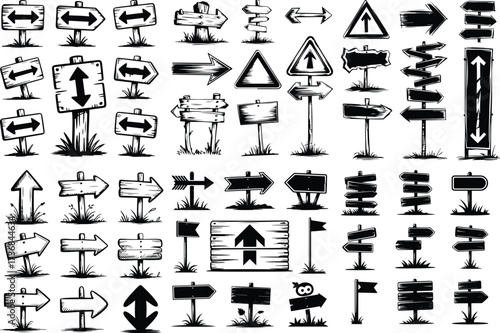 Hand Drawn Direction Sign Silhouette Collection Sketch Style Road Sign Icon Silhouette Set