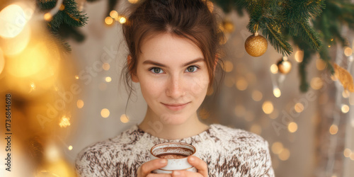 A young woman in a knitted sweater holding a mug with cocoa, standing in front of a decorated tree with twinkling lights.