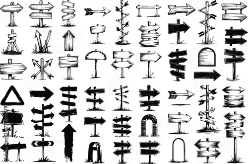 Hand Drawn Direction Sign Silhouette Collection Sketch Style Road Sign Icon Silhouette Set