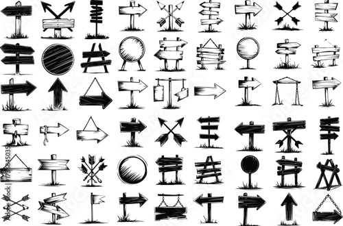 Hand Drawn Direction Sign Silhouette Collection Sketch Style Road Sign Icon Silhouette Set
