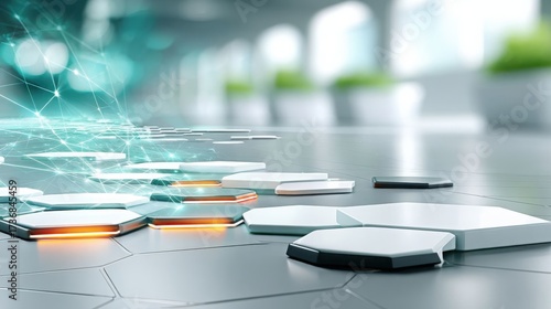 Digital hexagonal tiles with glowing edges on futuristic floor  