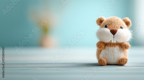 Knitted beaver toy with big teeth and fluffy cheeks sitting on wooden surface against soft blue background