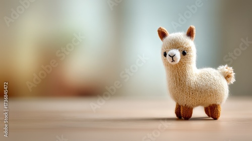 Knitted alpaca toy standing on wooden surface with soft blurred background