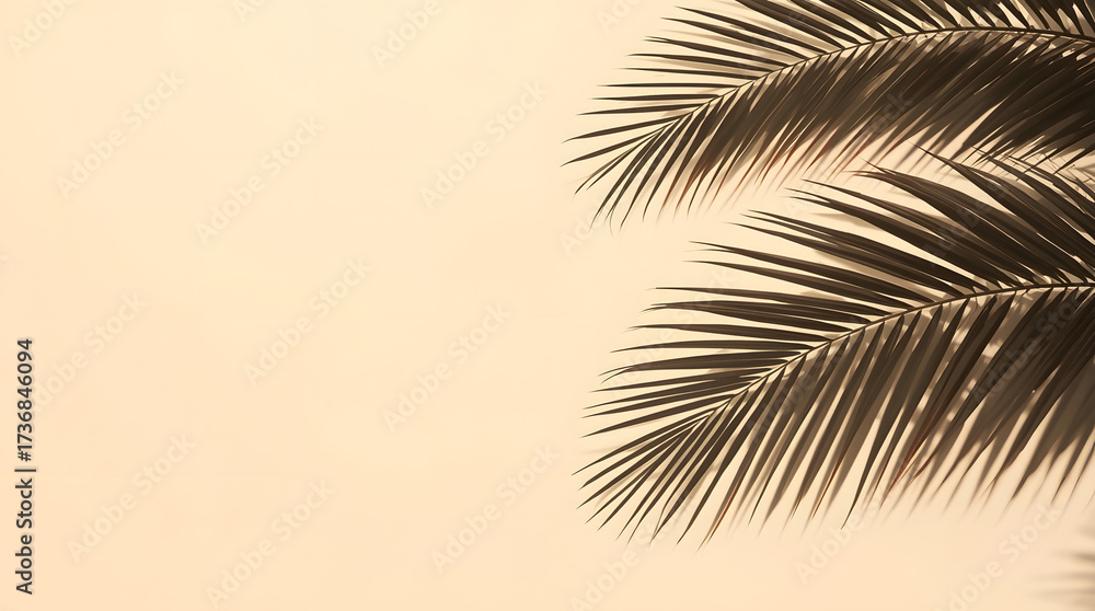 Fototapeta premium Tropical palm tree silhouette with leaves on sunny beach island landscape at sunset