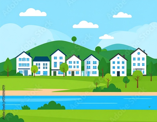 A picturesque illustration of a tranquil village nestled beside a serene river, with charming houses, lush greenery, and rolling hills against a vibrant sky.