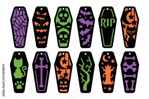 Set of 12 two layered Halloween vertical bookmarks with coffin shape. Laser cut template. Decorative bookmark stencil for paper, wood and metal cutting. Vector stencil