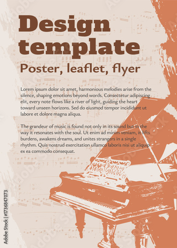 Vintage background template with grand piano, sheet music and brush strokes with paint texture. Vector template for design of musical poster, leaflet, flayer.