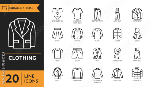 Clothing icon set. Editable stroke. Vector illustration