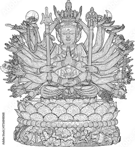 vector sketch illustration design sculpture statue of a thousand-handed buddha god holding a weapon  
