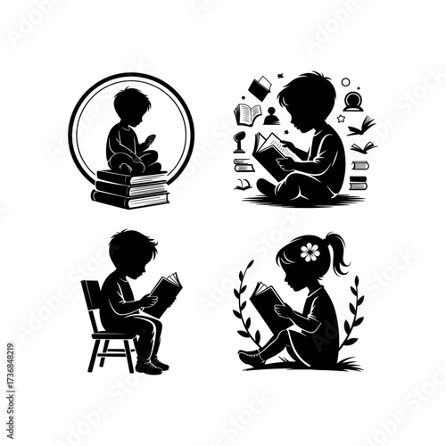 Silhouettes of people or children reading books, Isolated diverse kids with backpacks walking to school, women and children, education concept, learning, knowledge, library scene, study time