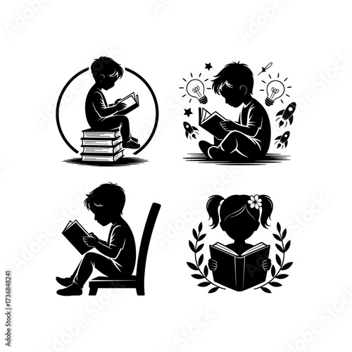 Silhouettes of people or children reading books, Isolated diverse kids with backpacks walking to school, women and children, education concept, learning, knowledge, library scene, study time