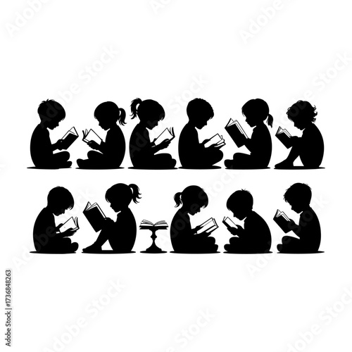 Silhouettes of people or children reading books, Isolated diverse kids with backpacks walking to school, women and children, education concept, learning, knowledge, library scene, study time