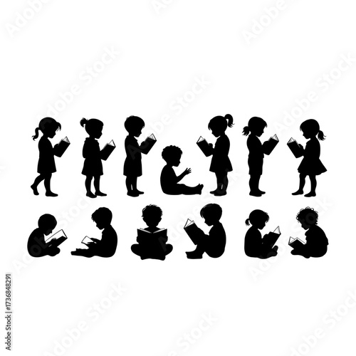 Silhouettes of people or children reading books, Isolated diverse kids with backpacks walking to school, women and children, education concept, learning, knowledge, library scene, study time