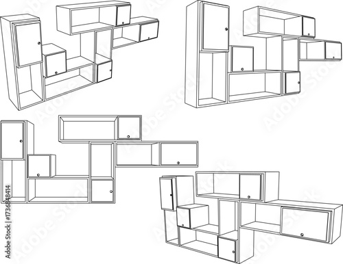 vector sketch illustration design wardrobe shelf furniture bookcase modern minimalist for home interior living room 