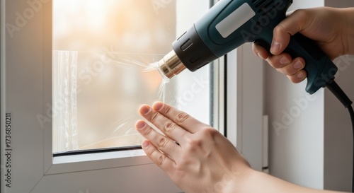 Hands using a heat gun to shrink insulating window film on a small window emphasizing ease of installation and immediate insulation improvement.