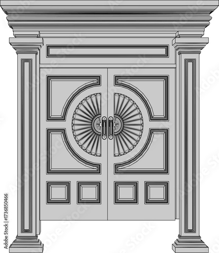 vector sketch illustration of a traditional ethnic vintage teak wood door design with Jepara carvings  