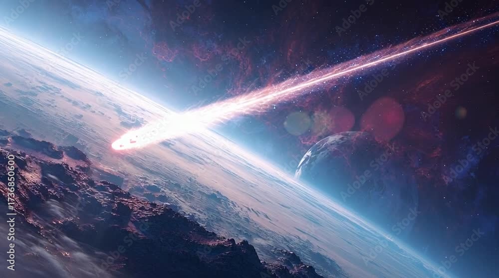 Meteor streaking across space above earth with another planet visible in the background view
