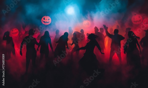 Silhouettes of people dancing in thick fog with glowing jack-o'-lanterns at a halloween party
