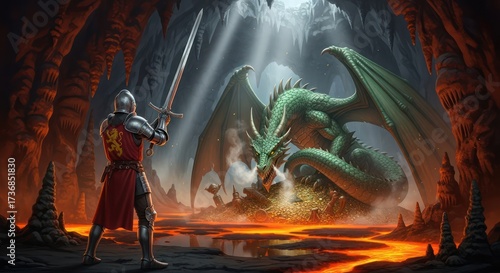 The knight faces the green dragon guarding the treasure in a cavernous lair