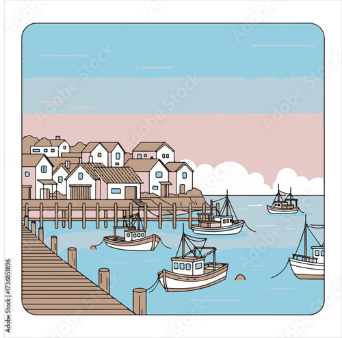 Serene harbor scene with boats docked near houses and a wooden pier under a clear sky