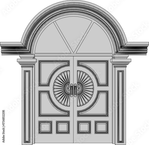 vector sketch illustration of a traditional ethnic vintage teak wood door design with Jepara carvings