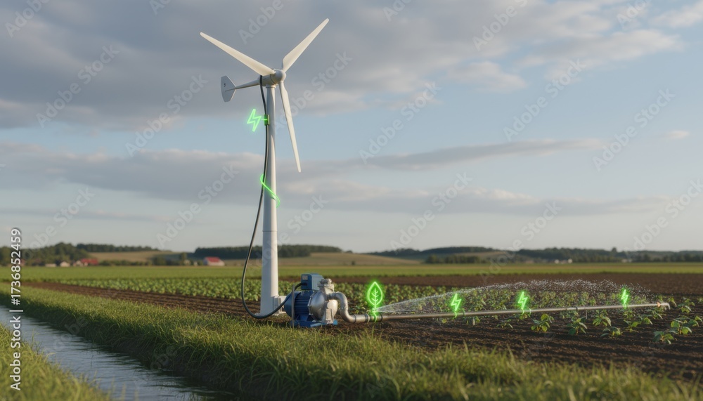 Fototapeta premium Closeup medium view of a wind turbine energizing an irrigation pump on farmland highlighting clean energy in agricultural machinery.
