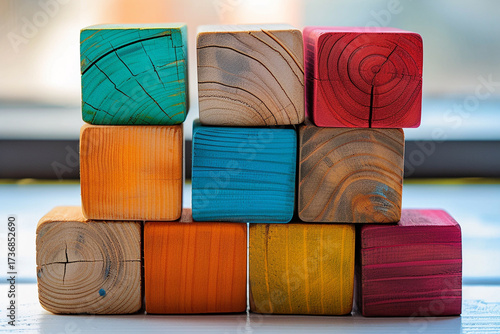 Vibrant and diverse rectangular wooden pieces beautifully symbolize harmonious coexistence and inclusivity that thrive within our society 