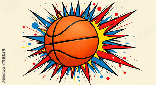 Basketball sport ball illustration with pop art sunburst explosion rays on a colorful retro comic background