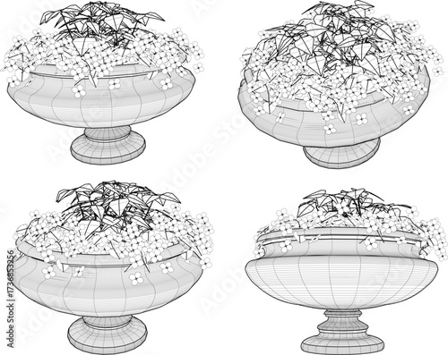 vector sketch illustration of decorative garden plant pot design with flower plants 