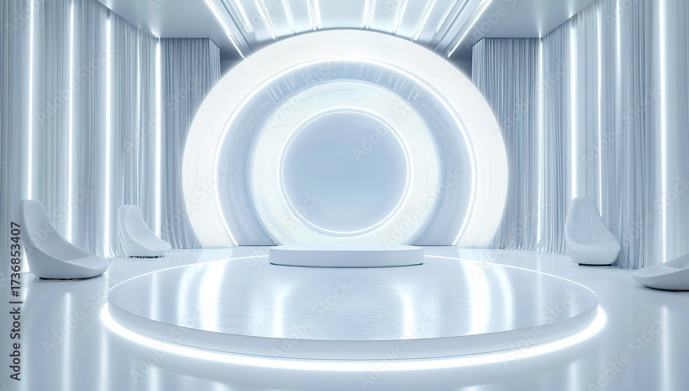 Fototapeta premium Abstract white empty stage with a round podium and light ring in a futuristic interior, 3D rendering illustration. Copy space. High quality.